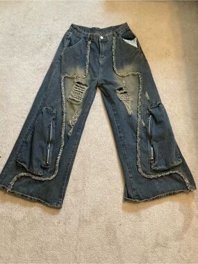 Temu- deconstructed fringe pants, designer style w/ large pockets & ripped denim
